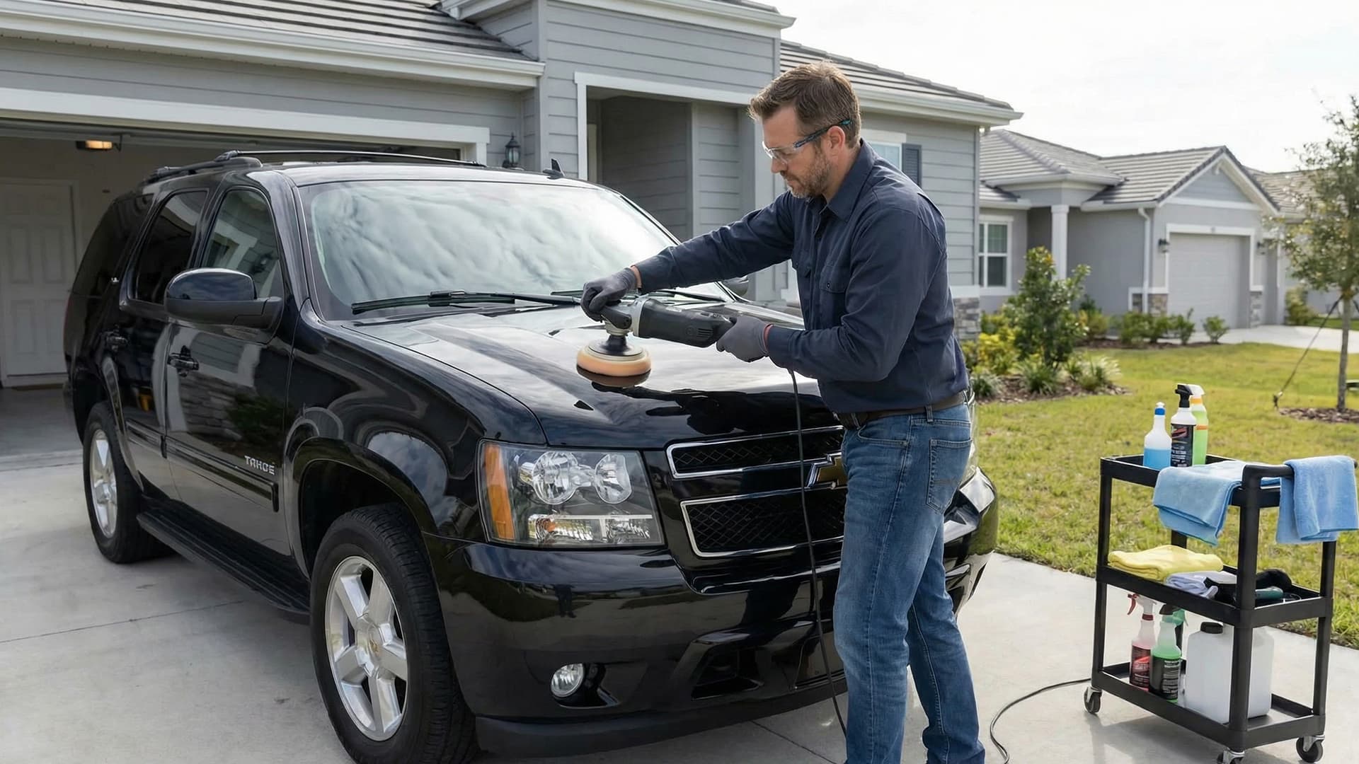 Auto detailing professional polishing a vehicle