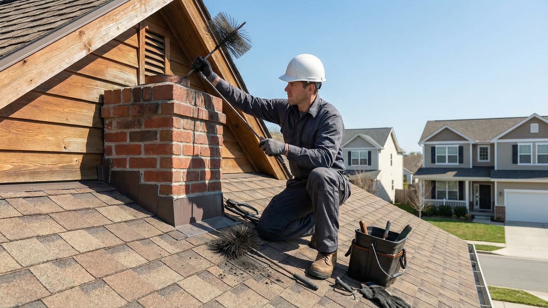 Chimney sweep professional cleaning a chimney