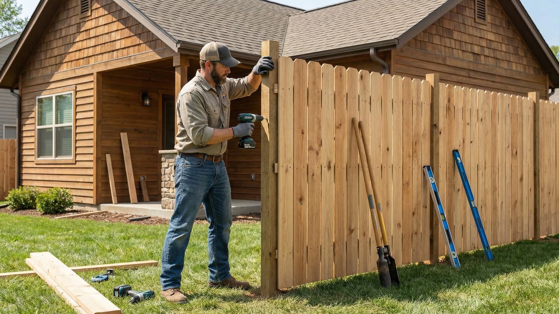 Fence installer setting posts for a new fence