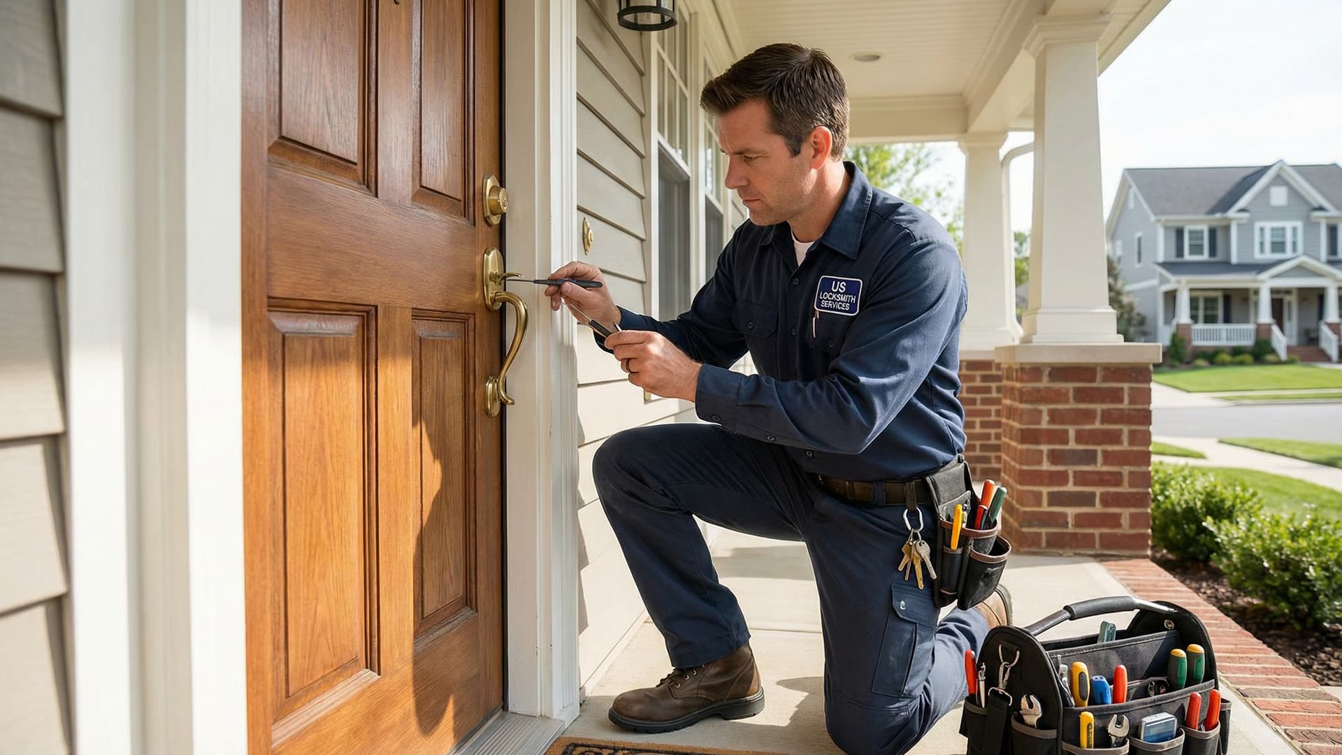 Locksmith technician working on a door lock
