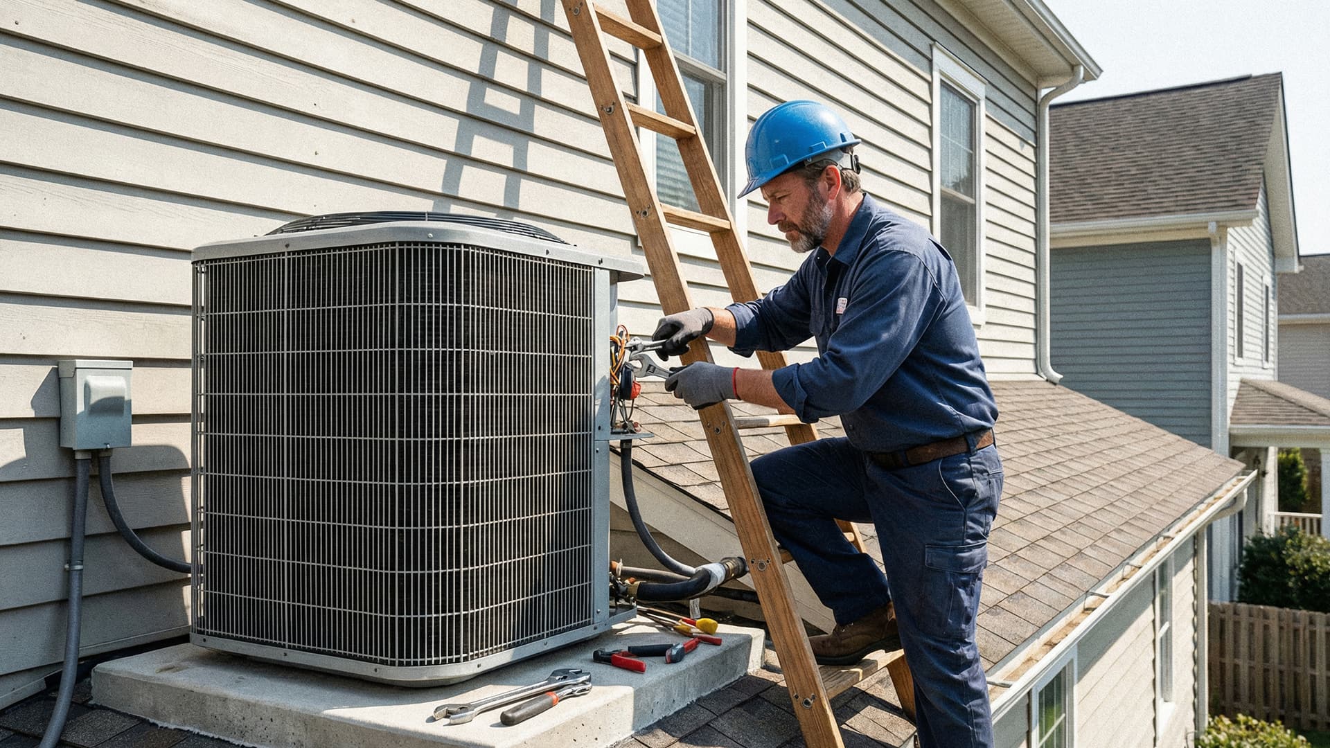 Mechanical contractor working on commercial HVAC ductwork
