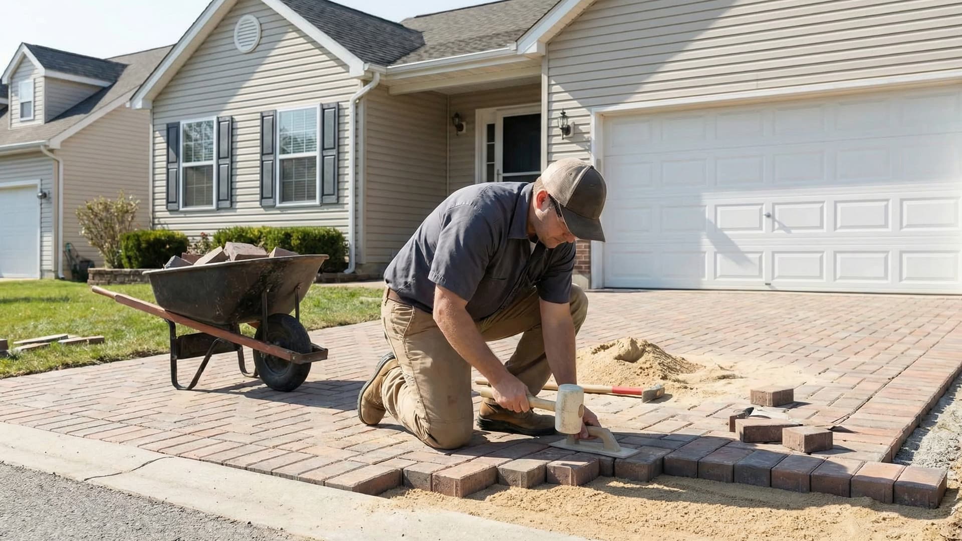 Paving crew laying asphalt on a driveway