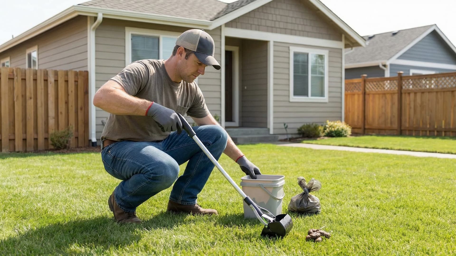 Pet waste removal technician servicing a residential yard