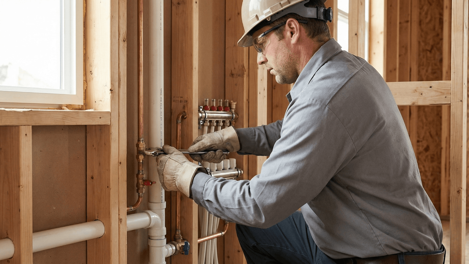 Plumber working under sink